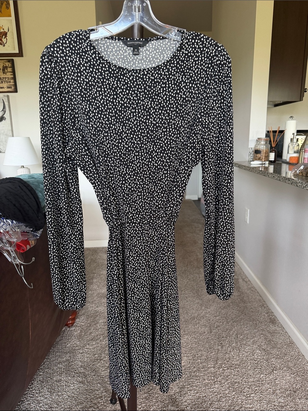 Black and White Long-Sleeve Fit-and-Flare Dress